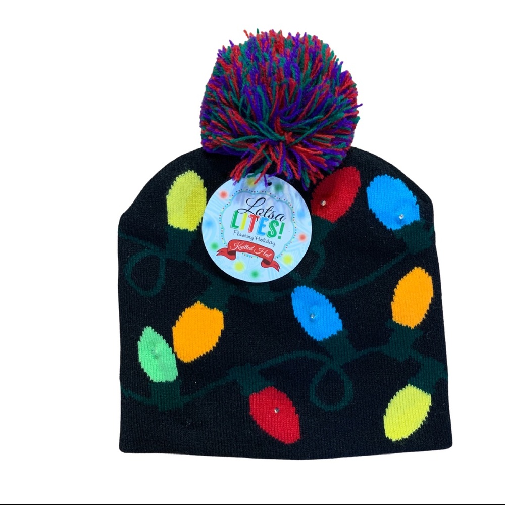 Lotsa Lites Flashing Holiday Knitted Hat -Christmas Lights- black red green blue